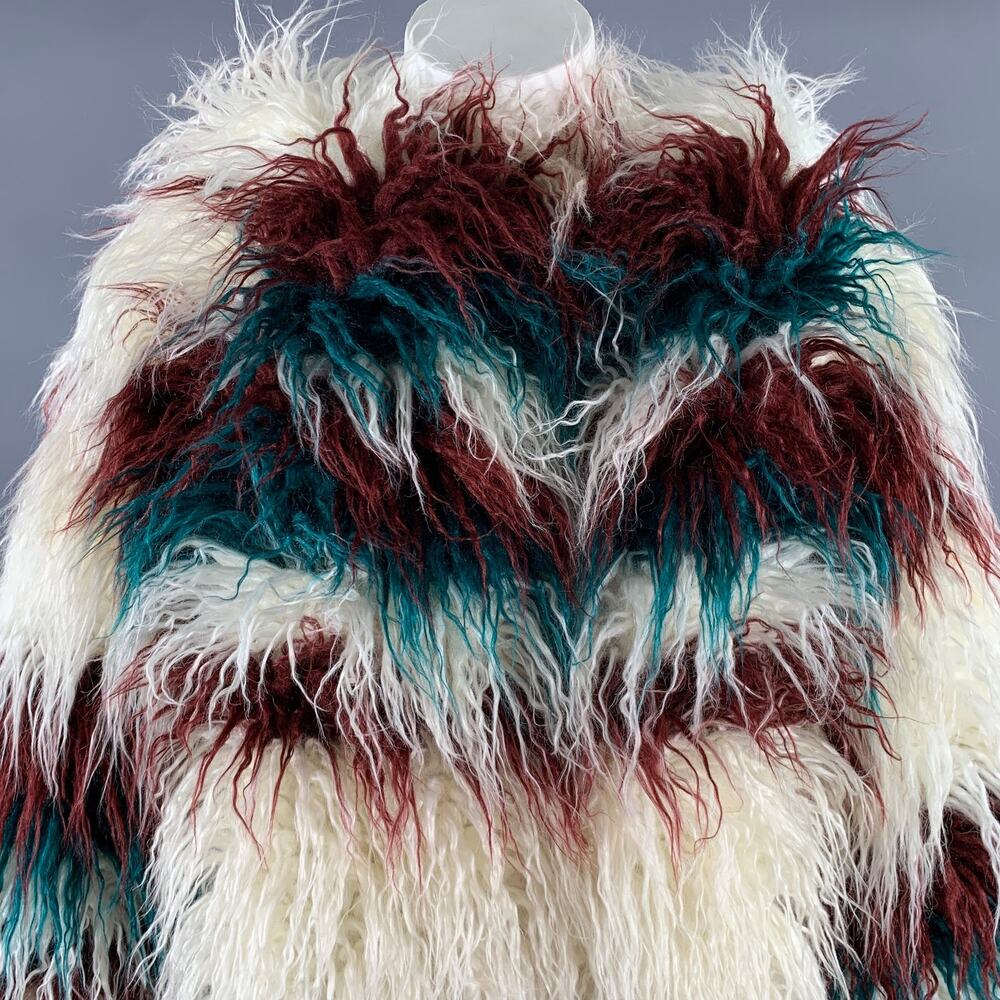 FRIED RICE One Size White Burgundy Teal Stripe Polyester Faux Fur Coat - Picture 3 of 7